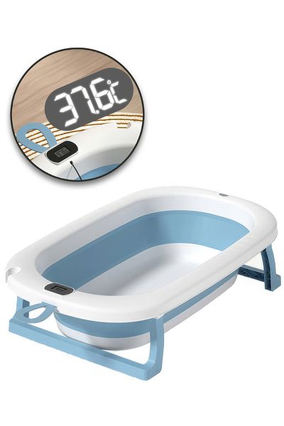 RENOVO Baby Bath Tub with Digital Thermometer, Drain Plug and Hanging Ring Portable Bathtub for Kids, Blue