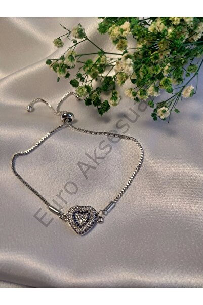 EUROAKSESUAR Silver Heart Detailed Zircon Stone Bracelet