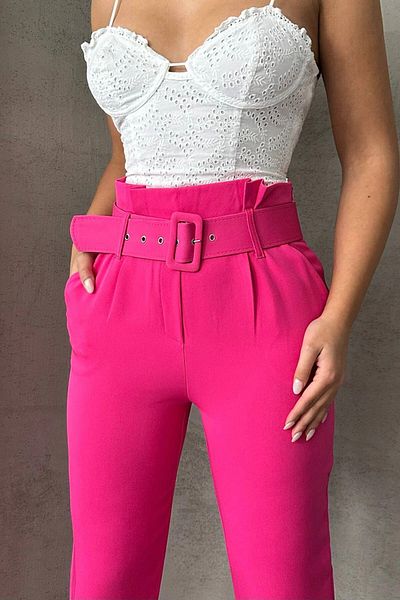 bacc Women's Pink Belted Woven Carrot Pants Bchn- 2525238