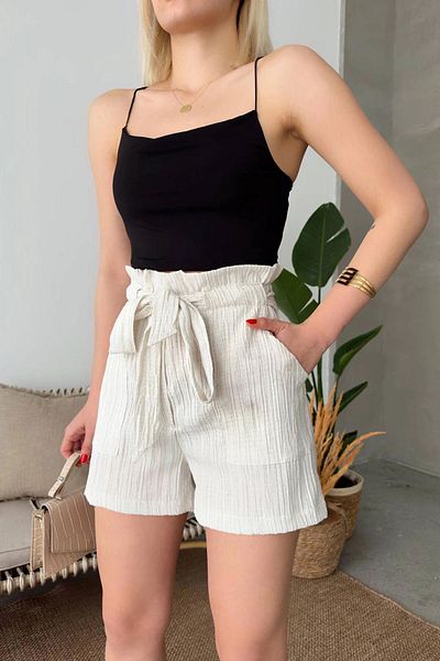 bacc Women's Ecru Elastic Shorts with Shirred Waist and Belt Detail Bchn- 2525265
