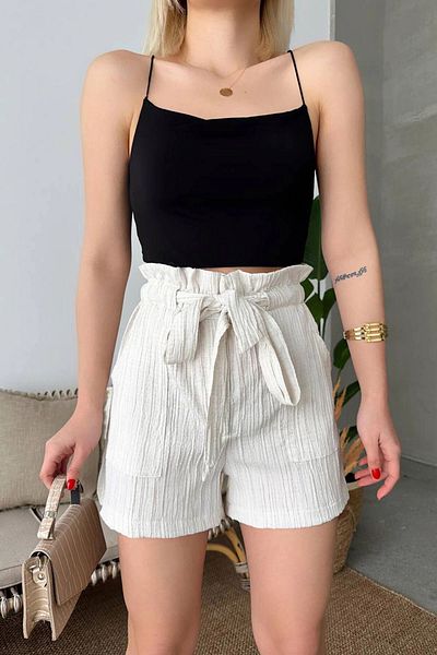 bacc Women's Ecru Elastic Shorts with Shirred Waist and Belt Detail Bchn- 2525265