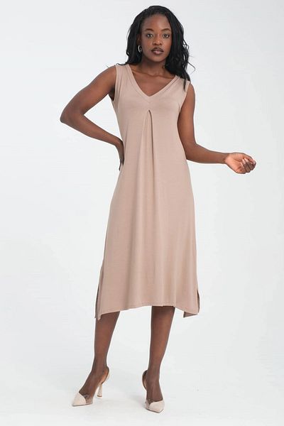 bacc White Beige Sleeveless Dress - Soft Textured Viscon Bottom Top Set with Long Cardigan