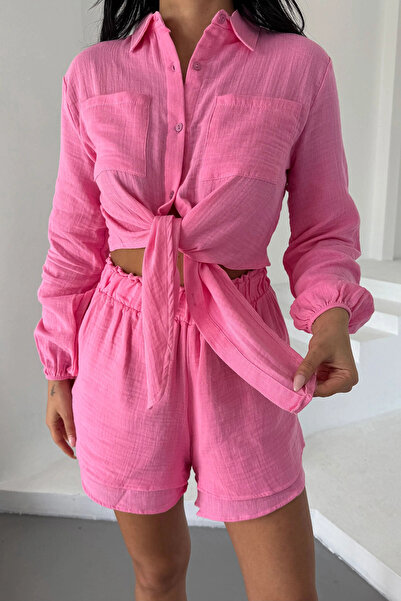 bacc Set de pantaloni scurți de in muselină roz pentru femei Bcbt- 251001