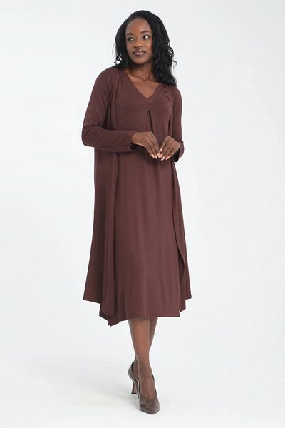 bacc Brown Your Arm V-Neck Dress and Long Cardigan Soft Textured Viscon