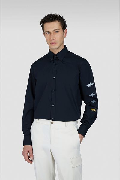 PAUL&SHARK Men's 100% Cotton Regular Cut Sleeve Printed Long Sleeve Black Shirt 25413538 -011