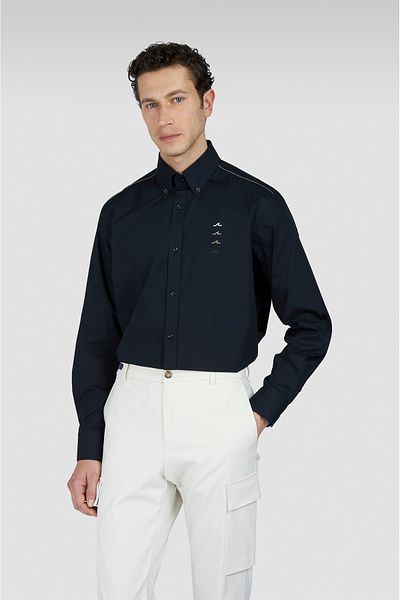 PAUL&SHARK Men's Shoulder Stripe Line Detailed 100% Cotton Regular Cut Long Sleeve Black Shirt with Fin Printed on the Chest