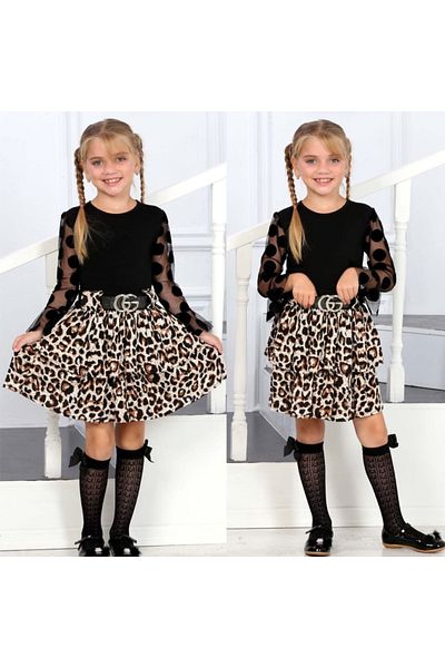 Calisa Set de bluză cu mâneci din tul cu fustă cu volane leopard Eid