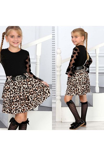 Calisa Set de bluză cu mâneci din tul cu fustă cu volane leopard Eid