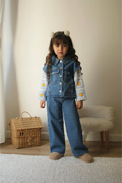 Kids Triko Kol İşlemeli Açık Mavi Ceket Gömlek, Pantolon 2'li Takım