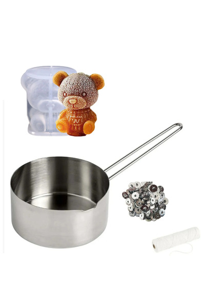 adin tasarım Ayıcık Mum Yapım Seti Mum Eritme Kabı 1000 ml Ayıcık Mum Kalıbı Mum Fitili ve Tutacağı Seti