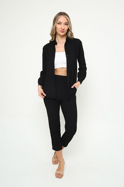 Mythologie Women's Wrinkled Shirt Pants Set – Buttoned High Waist Twill