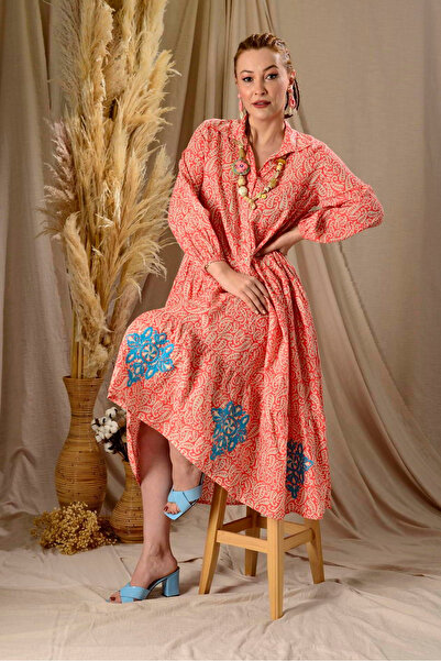 Park Moda Kadın Desenli İşlemeli Pamuklu Maxi Cepli Uzun Gömlek Elbise