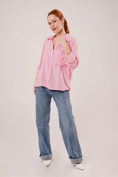 İpeksi Silky Bat Sleeve Striped Pocket Detailed Pink Shirt