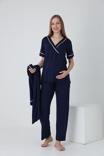 Miss Dünya Lissa Maternity and Maternity Pajamas Set with Dressing Gown and Stripe Detail