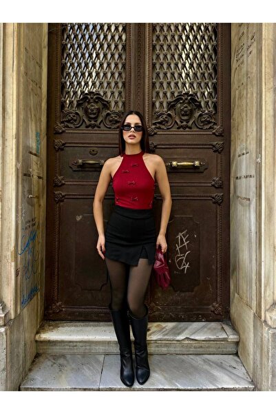 rue noır بلوزة نوير لوكس بفيونكة أنيقة بأكمام صفر، قميص داخلي من القماش العثماني