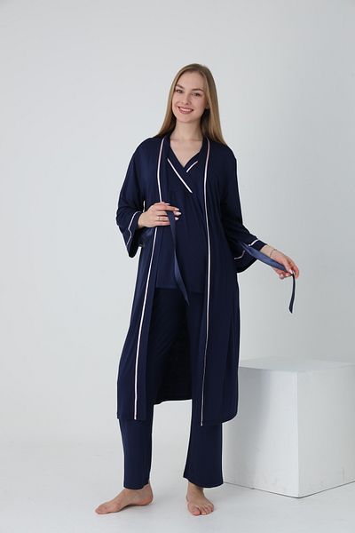 Miss Dünya Lissa Maternity and Maternity Pajamas Set with Dressing Gown and Stripe Detail