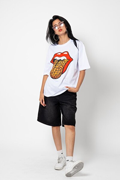 Sekizbiraltı Unisex Premium White Oversize T-Shirt - Rolling Stones Leopard Printed