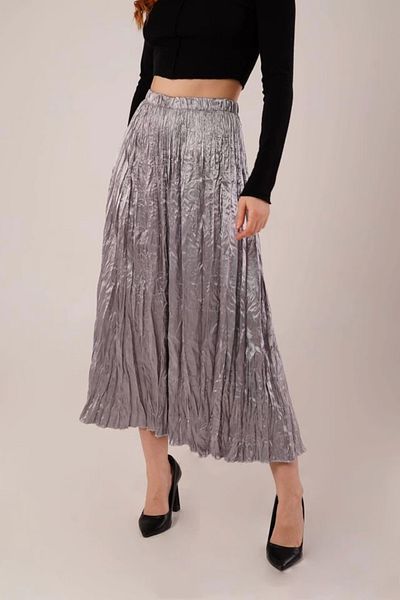 ebadi    Midi Length Pleated Satin Gray Skirt