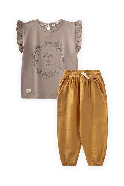 Cigit Floral Printed Muslin T-Shirt Set with Trousers 2-10 Years S Mink