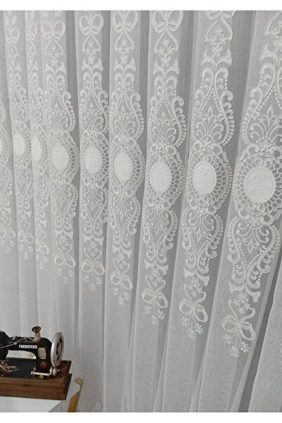 farbateks White Ecru Court Embroidered - 3 Layer Pleated Tulle Living Room Curtain