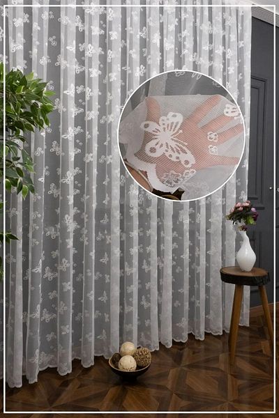 farbateks Children's Room Butterfly Patterned 2 Layer Pleated Tulle Curtain