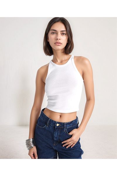 Bled Halter Collar Ribbed Crop Tank Top - Bustier White
