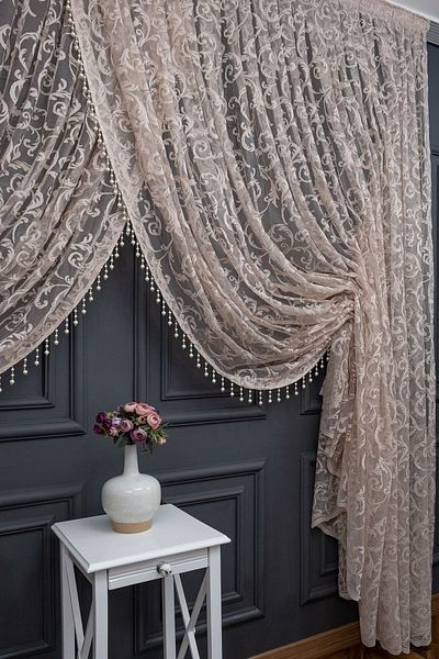 farbateks Mink Beige Light Brown Color Shawl Design Beaded Double Breasted Curtain