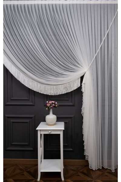 farbateks Grek Petek Sağ Yalancı Kruvaze -Halat İle Yana Toplamalı-Tek Kanat Püskülü -Eteği Kurşunlu Tül Perde