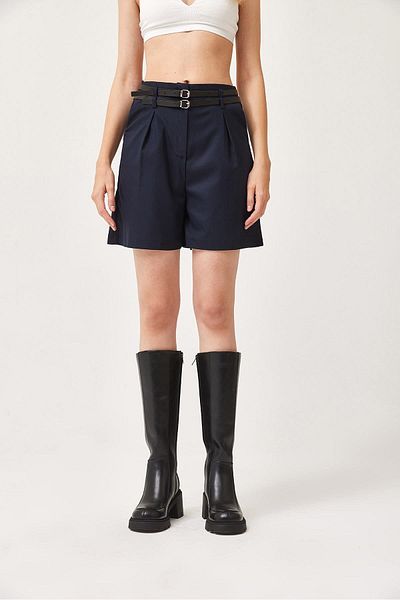 CALİENTE Double Belted Pocket Premium Fabric Shorts with Specialties Navy Blue