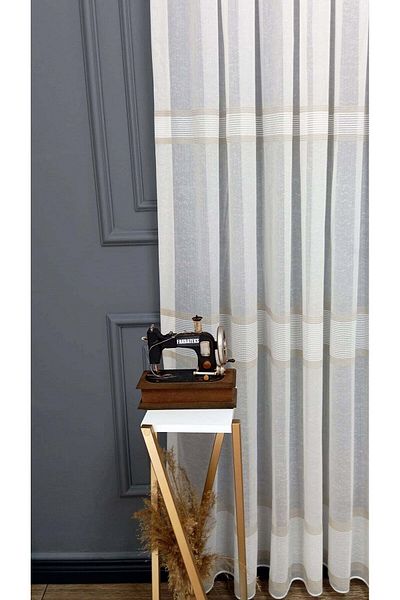 Brillant Beige Mink Brown Striped Pharmatex Planting - 1/2 Layer Pleated Tulle Curtain