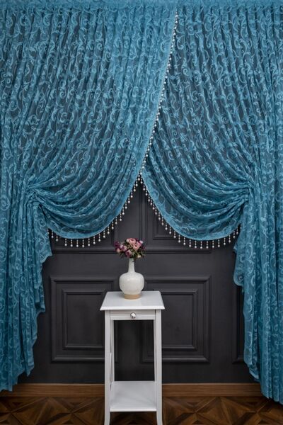 farbateks Perdele cu design verde petrol, cu margele, cu două rânduri de nast...