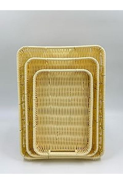 Mu Art Ahşap Auracane 3-Piece Wicker Look Tray Set – Presentation and Decorative Wicker Basket Tray, Stylish and Aesthetic