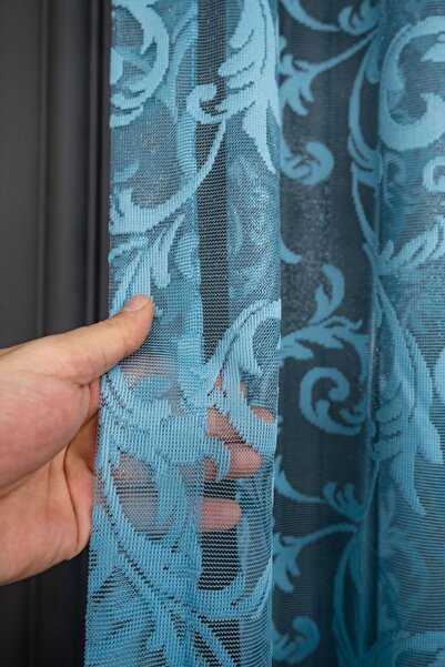 farbateks Classic Shawl Pattern Turquoise Color Pattern Design 2 Layers Pleated Tulle Curtain