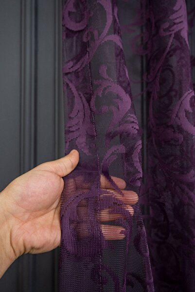 farbateks Classic Shawl Pattern Purple Color Pattern Design 2 Layers Pleated Tulle Curtain