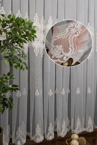 farbateks Court Damask Embroidered Exculusive Embroidery Living Room Silk Tulle Curtain 1e 3layer Pleated Tulle