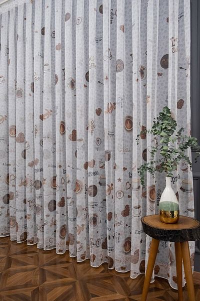 farbateks Coffee Brown Pattern Brillant Kitchen Tulle Curtain 3 Layers Pleated