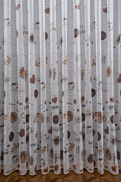 Brillant Farbateks Planting Coffee Cup Patterned Design 1/3 Fold Frequent Pleated Does Not Want Ironing Tulle Curtain