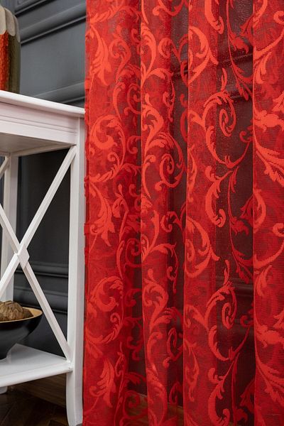 farbateks Classic Shawl Pattern Red Color Pattern Design 2 Layers Pleated Tulle Curtain