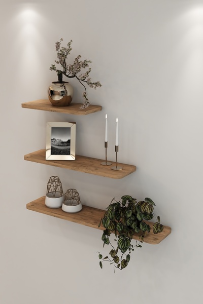 TALAŞTOZUM Atlantik Çam 3'lü Uçan Raf Modern Duvar Rafı 40-60-80 Cm
