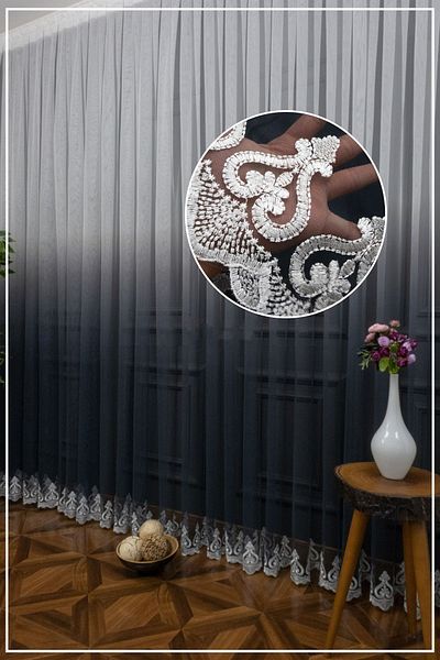 farbateks 3 Layers Pleated Anthracite Color Transition Embroidered Gradient Tulle Curtain