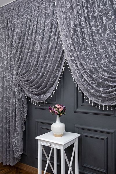 farbateks Gray Shawl Design Beaded Double Breasted Curtain Yanki Tulle Theater Model Curtain