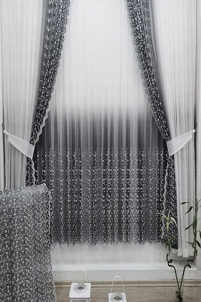 farbateks Gray Anthracite Color Right Left Wing Background And Inner Tulle Set Combination Daisy Gradient Tulle Curtain