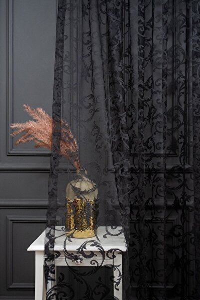 farbateks Classic Shawl Pattern Black Color Pattern Design 2 Layers Pleated Tulle Curtain