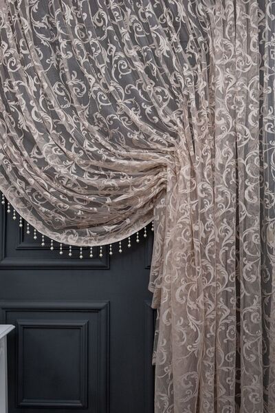 farbateks Σχέδιο σάλι σε χρώμα βιζόν μπεζ ανοιχτό καφέ με χάντρες διπλό πέτο κουρτίνες