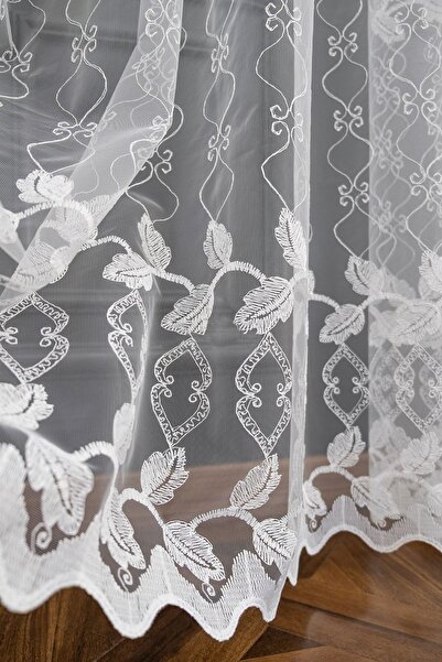 farbateks Σχέδιο με φύλλα, κεντημένο με βελονιά, σαλόνι, 1e 3 πτυχωτή κουρτίνα από τούλι