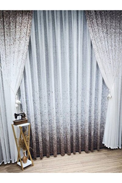 farbateks Colorful Top Design - Brown-Mink Sprinkled Tulle Set, Right/Left Background Curtain