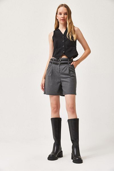 CALİENTE Premium Fabric Feature Shorts with Double Belt Pockets Smoked