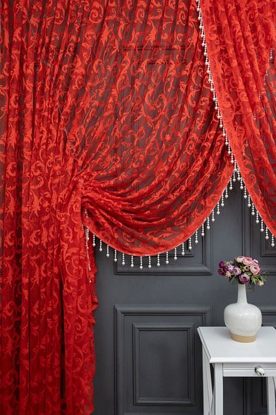 farbateks Red Shawl Design Beaded Double Breasted Curtain Yanki Tulle Theater Model Curtain