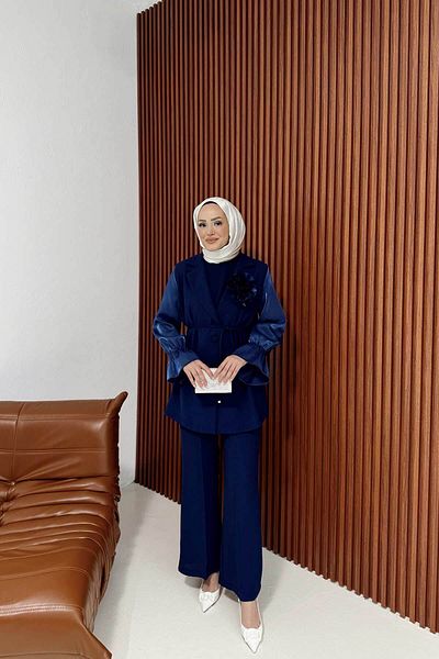 Melike Tatar Meli̇ke Gül Brooch Jacket Suit 4016 Dark Blue