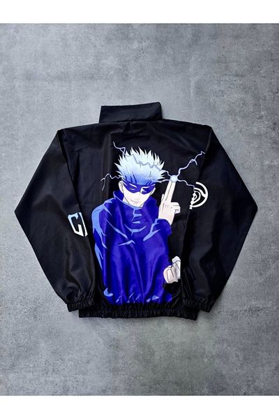 Simala Zippered Digital Printed Windbreaker - Black